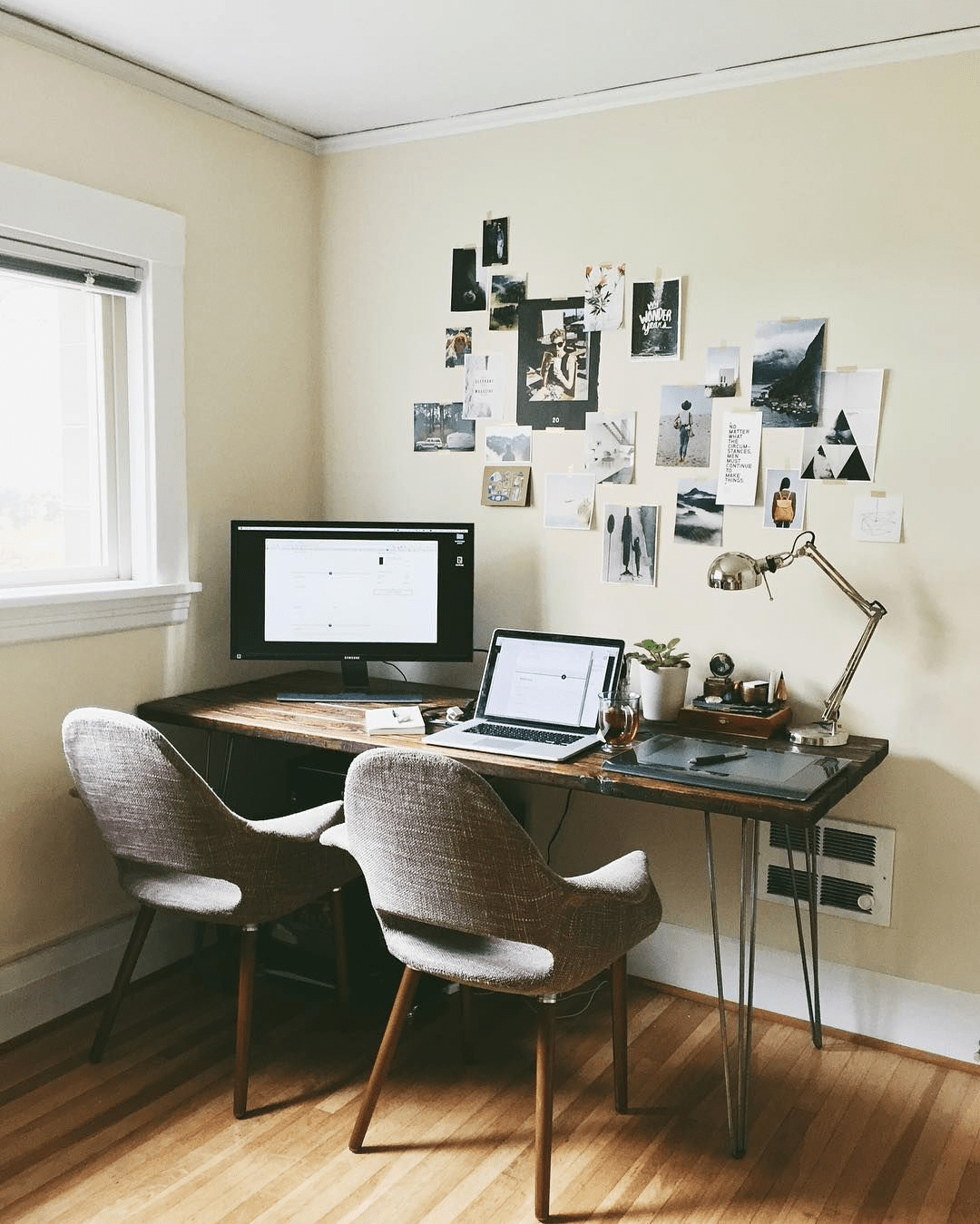 desk against the wall or facing window